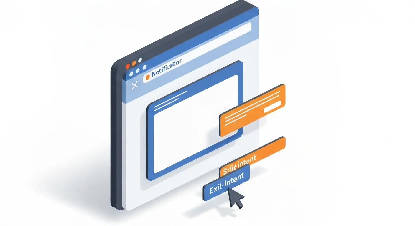 An isometric illustration showcasing various types of marketing pop-ups on a single webpage layout, including a central modal, a corner slide-in, a top notification bar, and an exit-intent pop-up triggered by a cursor.