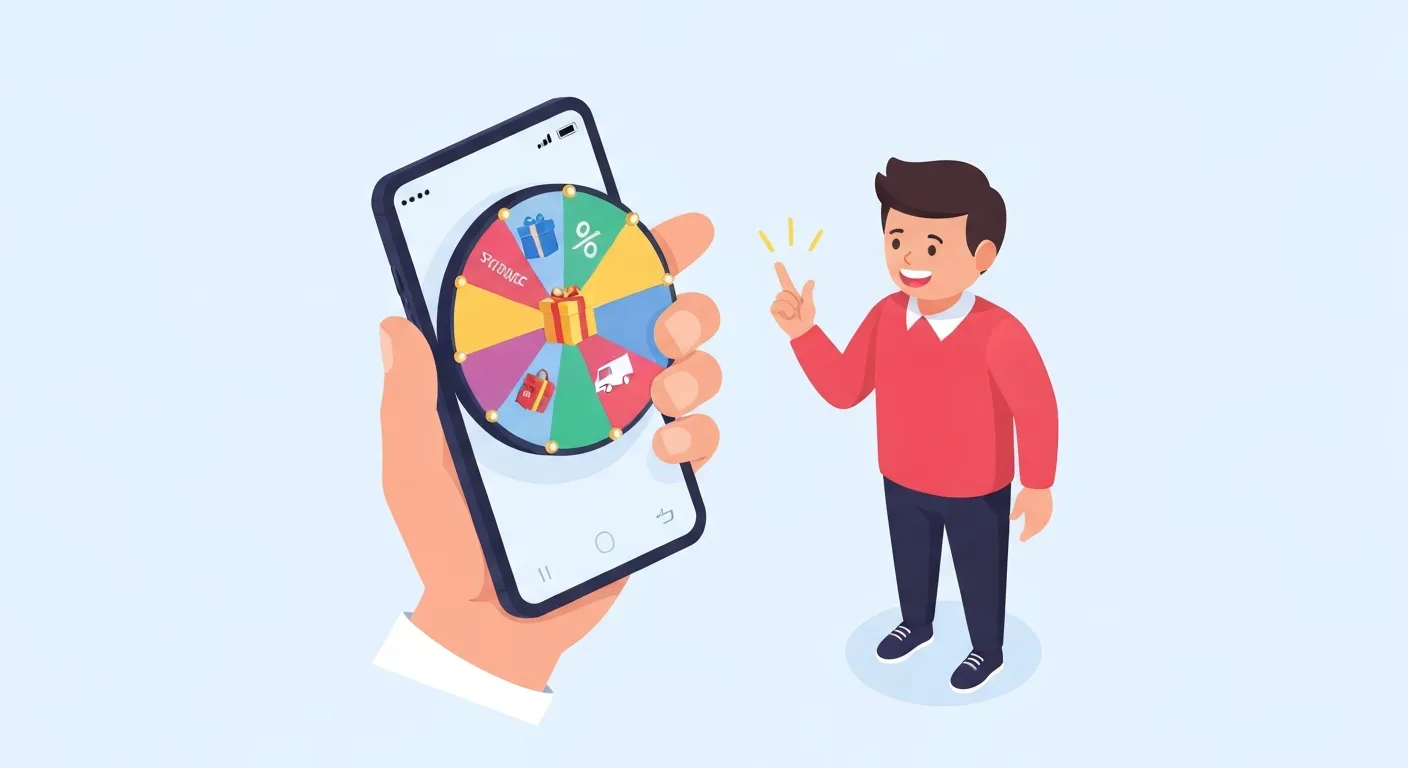 An isometric illustration of a user happily interacting with a gamified 'wheel of fortune' pop-up on a mobile screen, symbolizing an engaging and effective marketing strategy that provides value.