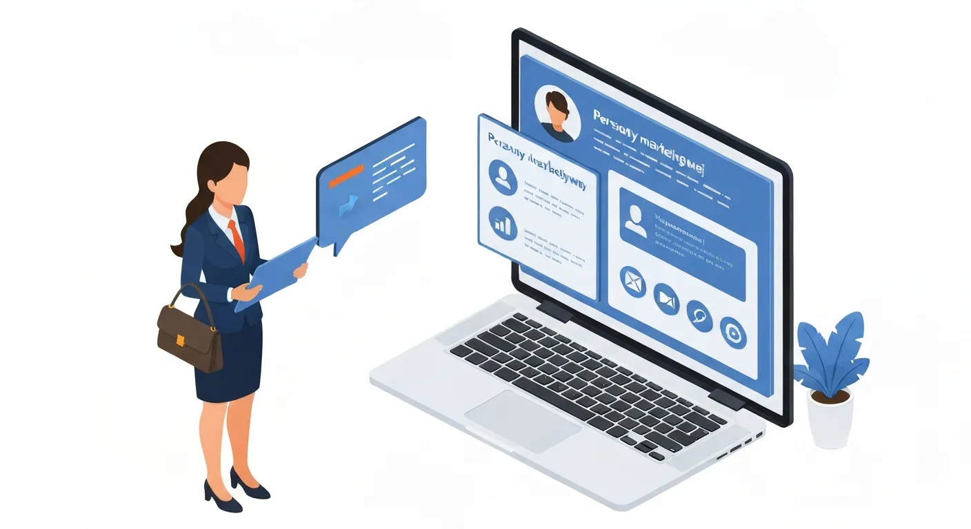 Ilustracja izometryczna przedstawiająca proces tworzenia persony marketingowej. Analityk siedzi przy biurku, analizując dane i profile na wirtualnym, holograficznym ekranie, co symbolizuje głębokie zrozumienie grupy docelowej.