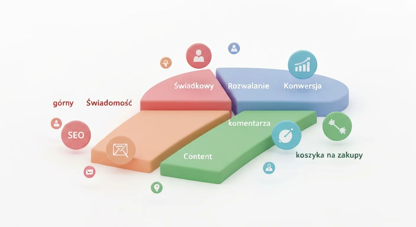 Wizualizacja lejka marketingowego pokazująca drogę klienta od świadomości do konwersji. Lejek jest podzielony na etapy, a na każdym z nich znajdują się ikony reprezentujące różne kanały marketingowe, takie jak SEO, media społecznościowe i reklamy PPC.
