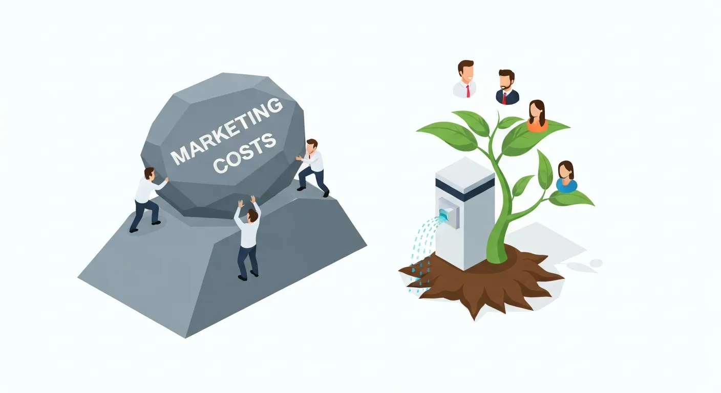 Porównanie działania firmy z Product Market Fit i bez niego. Po jednej stronie zespół z trudem pcha ciężki kamień pod górę, co symbolizuje trudną sprzedaż. Po drugiej stronie, zadowoleni klienci tworzą organiczny wzrost, reprezentowany przez kwitnącą roślinę.