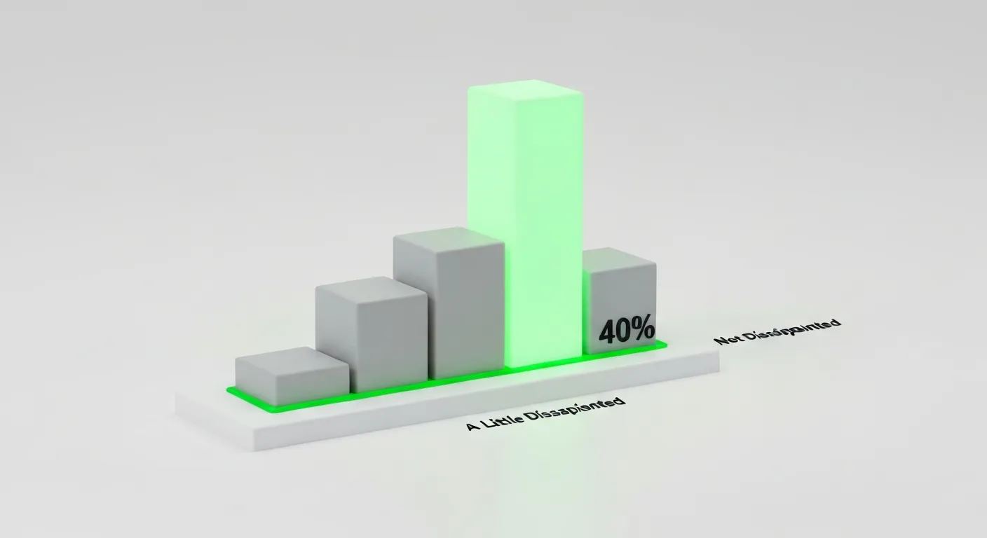 Wizualizacja danych przedstawiająca Test Seana Ellisa do mierzenia Product Market Fit. Centralnym elementem jest wykres słupkowy, w którym słupek 'Bardzo rozczarowani' przekracza 40%, co jest podświetlone jako pozytywny sygnał.