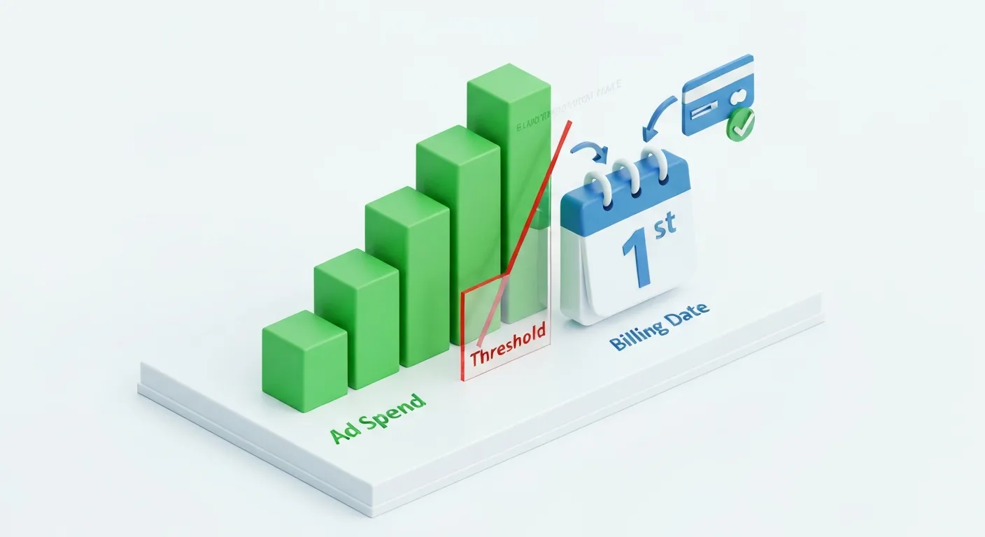 Ilustracja izometryczna wyjaśniająca mechanizm działania progu rozliczeniowego. Pokazuje rosnący słupek kosztów reklamowych, który zbliża się do ustalonego limitu, oraz kalendarz symbolizujący miesięczną datę rozliczenia, ilustrując dwa warunki wywołania płatności.