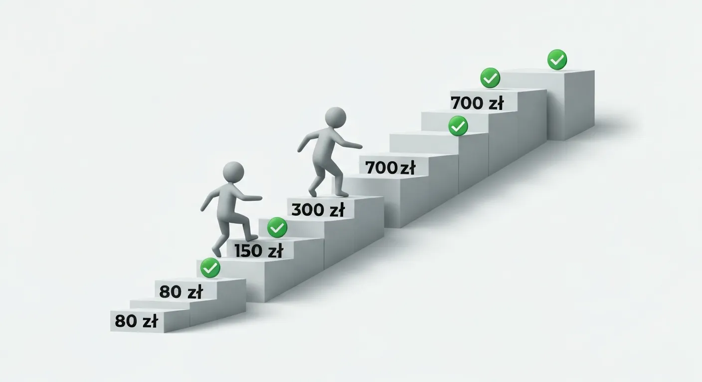 Wizualizacja graficzna przedstawiająca wzrost progu rozliczeniowego w czasie. Schody prowadzące w górę, gdzie każdy stopień jest oznaczony jako 'Udana Płatność' i prowadzi do platformy z wyższym progiem kwotowym.