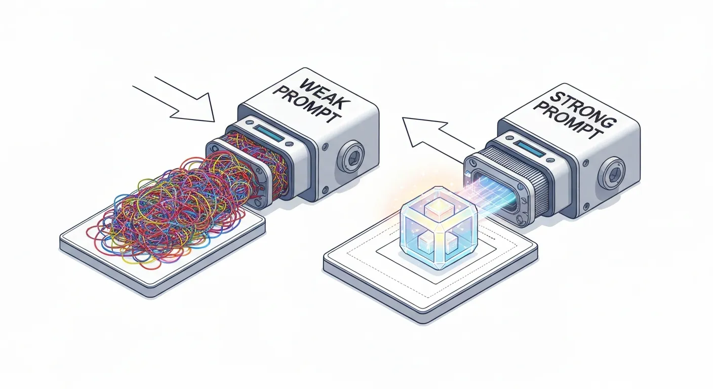 Ilustracja koncepcyjna pokazująca różnicę między słabym a silnym promptem. Po lewej stronie niejasne polecenie skutkuje chaotycznym, bezużytecznym wynikiem z AI. Po prawej, precyzyjny i ustrukturyzowany prompt generuje klarowny i wartościowy rezultat.