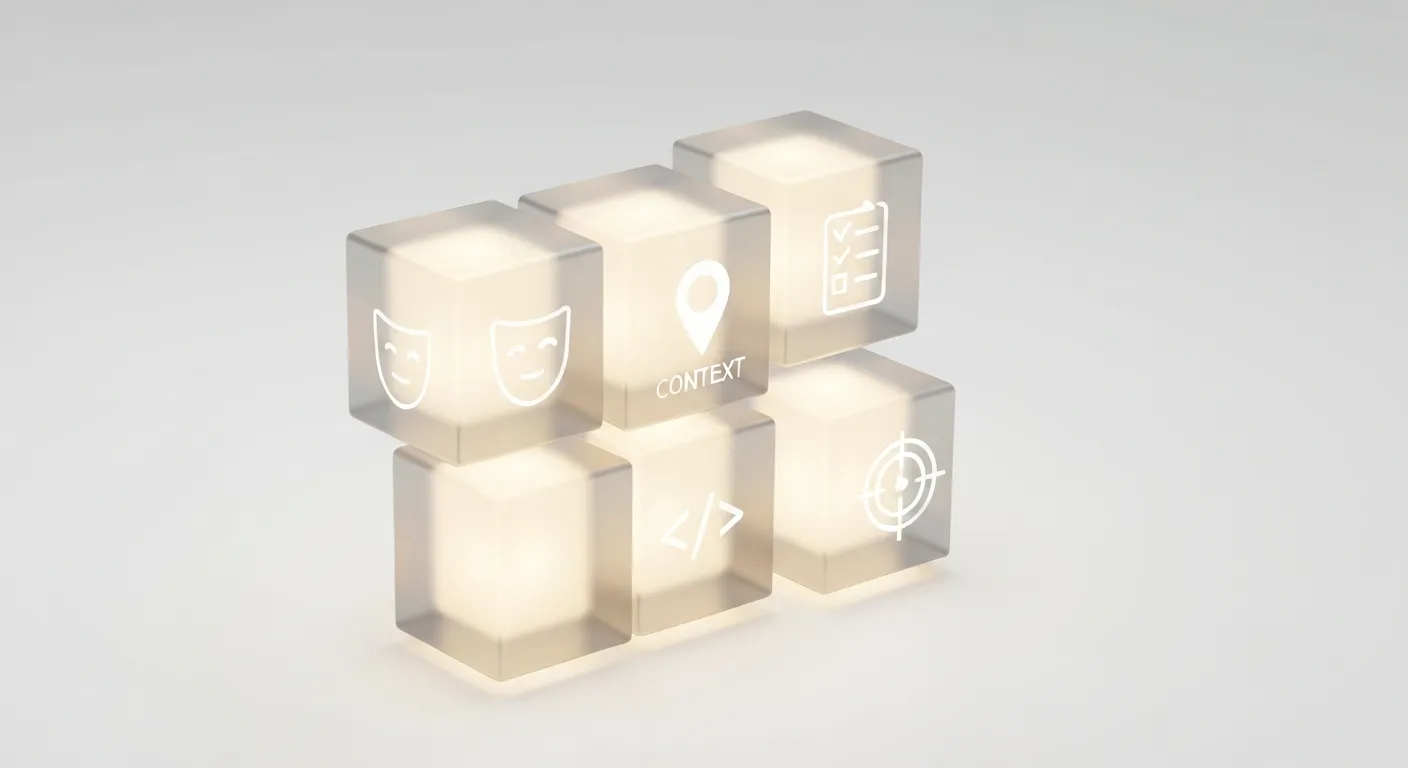 Wizualizacja pięciu kluczowych elementów skutecznego promptu: Rola, Kontekst, Zadanie, Format i Ograniczenia. Każdy element jest przedstawiony jako świecący, szklany blok z ikoną, które idealnie łączą się w jedną, spójną strukturę.