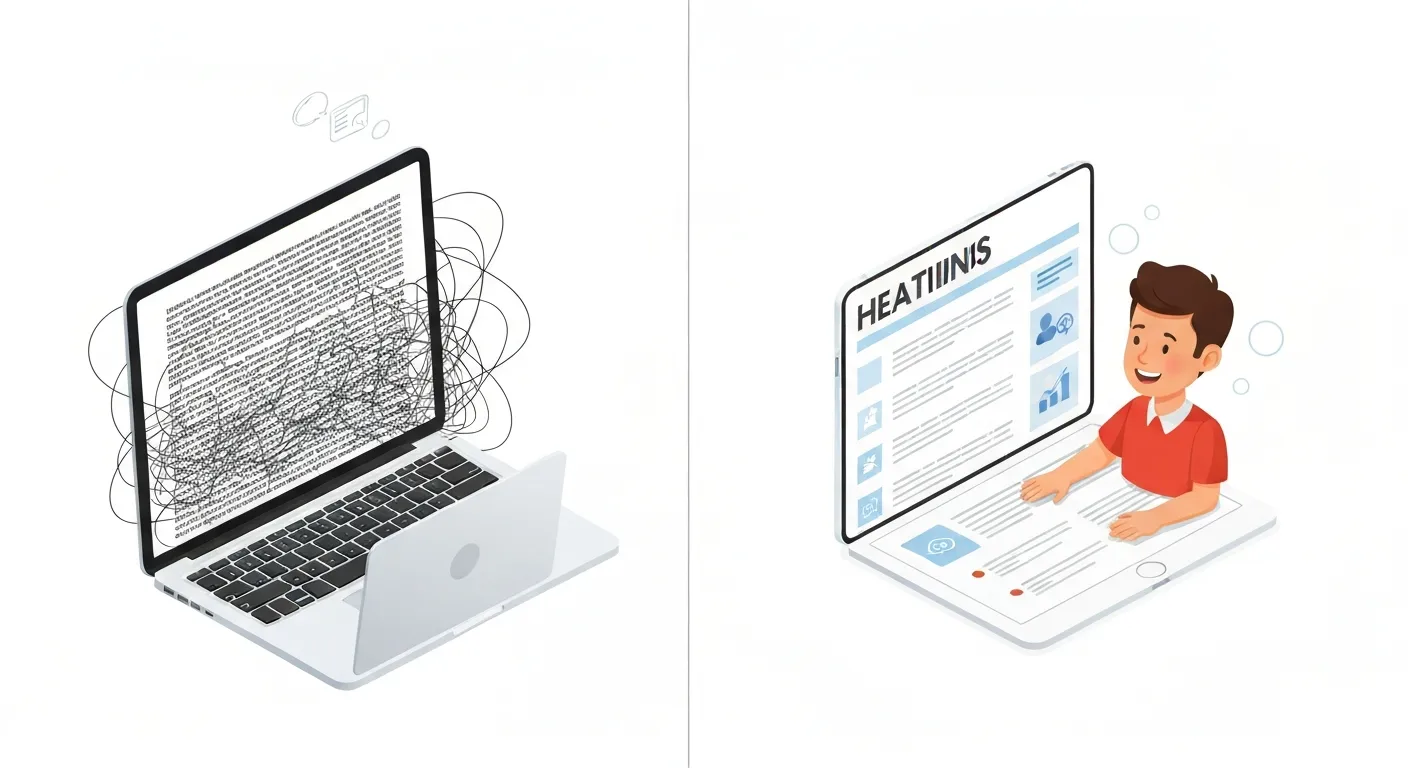 Grafika porównawcza. Po lewej stronie sfrustrowana osoba patrzy na gęstą ścianę tekstu na ekranie. Po prawej, uśmiechnięta osoba z łatwością czyta dobrze sformatowany tekst z nagłówkami i listami.
