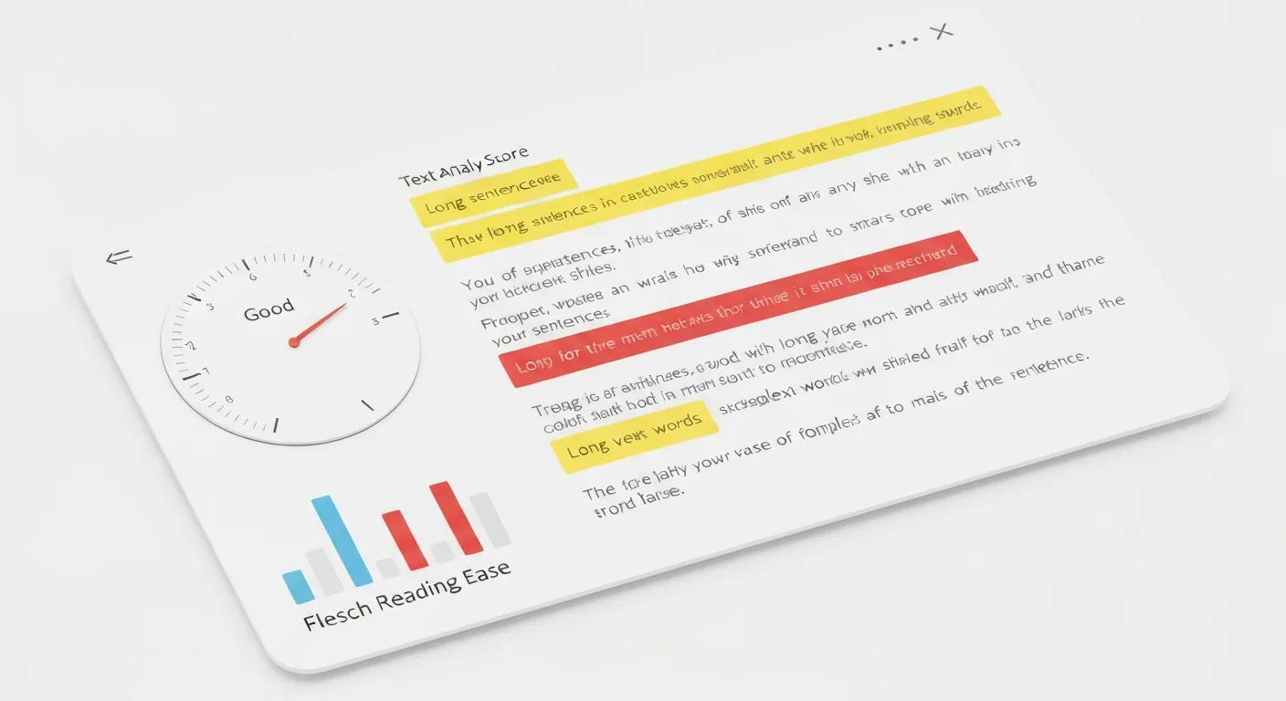Wizualizacja interfejsu narzędzia do analizy readability, takiego jak Jasnopis czy Hemingway App, pokazująca tekst z kolorowymi podświetleniami trudnych zdań i wskaźnikami oceniającymi zrozumiałość.