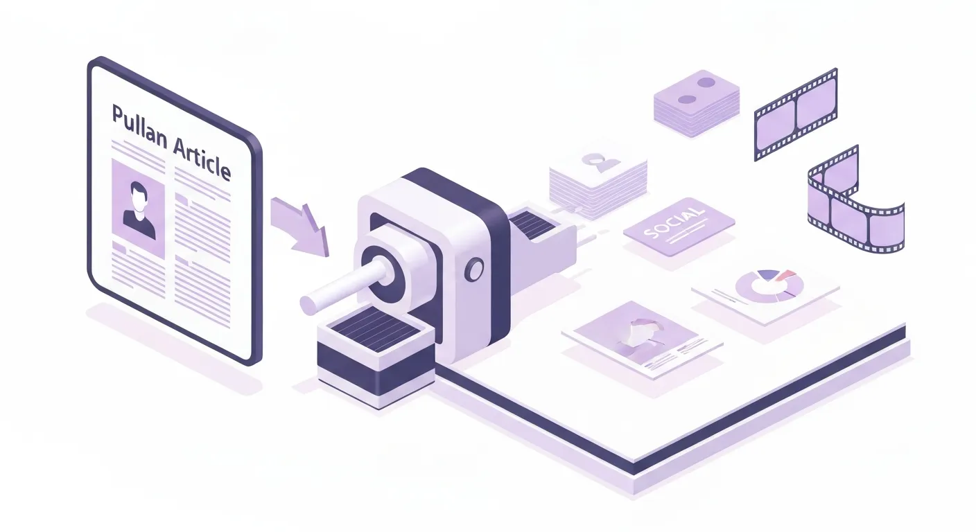 An isometric illustration showing how one large piece of content, like a book, is placed into a machine that efficiently outputs multiple smaller formats like social media posts, a video reel, and a chart, symbolizing the time-saving aspect of repurposing.