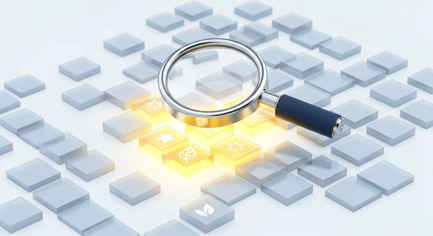 An abstract data visualization of a content audit, showing a person using a digital magnifying glass to identify glowing 'evergreen' content blocks among a grid of other, dimmer blocks, representing the process of finding the best content to repurpose.