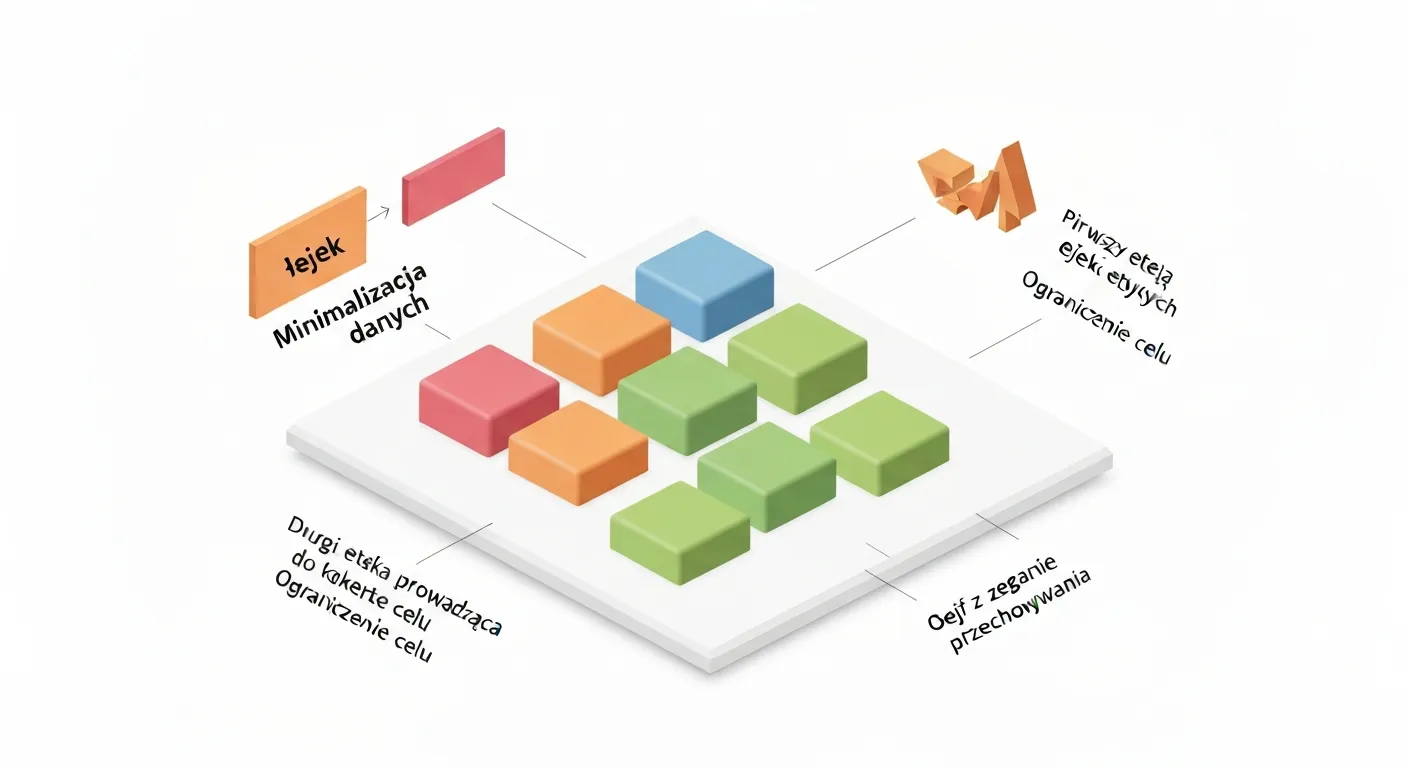 Izometryczna ilustracja kluczowych zasad RODO. Bloki danych przechodzą przez zorganizowany proces, który wizualizuje zasady takie jak minimalizacja danych (lejek), ograniczenie celu (tarcza strzelnicza) i ograniczenie przechowywania (sejf z zegarem), pokazując zgodny z prawem przepływ pracy.