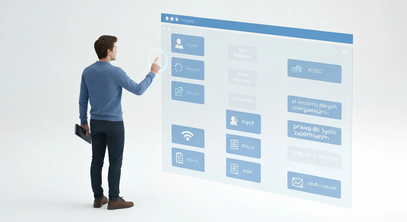Wizualizacja praw użytkownika w ramach RODO. Osoba wchodzi w interakcję z futurystycznym panelem kontrolnym, na którym zarządza swoimi danymi osobowymi – ma możliwość ich usunięcia (prawo do bycia zapomnianym), poprawienia i wglądu, co symbolizuje jej 'cyfrowe supermoce'.