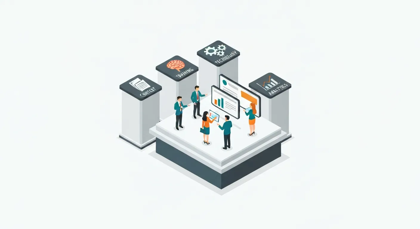 An isometric illustration showing the four pillars of sales enablement: Content, Training, Technology, and Analytics, which together support a platform where a salesperson is successfully engaging with a client.