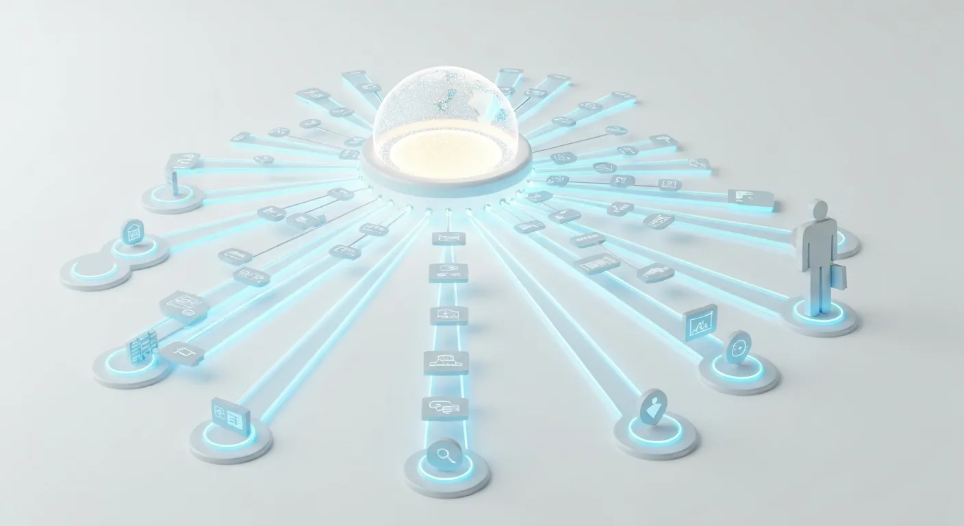 An abstract visualization of a sales enablement platform acting as a central hub, intelligently organizing and distributing resources like content and data to a sales team, enhancing their efficiency.