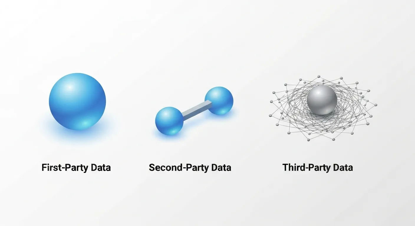 A clear diagram comparing first-party, second-party, and third-party data. On the left, a single, solid circle labeled 'First-Party Data'. In the middle, two circles are cleanly connected by a single bridge, labeled 'Second-Party Data'. On the right, a central circle is chaotically connected to numerous small, disparate points, labeled 'Third-Party Data'.