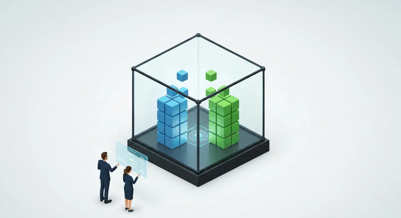 An isometric illustration of a 'Data Clean Room'. Two sets of anonymized data blocks, one blue and one green, are being analyzed inside a secure, transparent glass cube. The blocks interact and create insights in the center without mixing, while two business people stand outside the cube, observing the process on a floating interface, symbolizing privacy and secure collaboration.