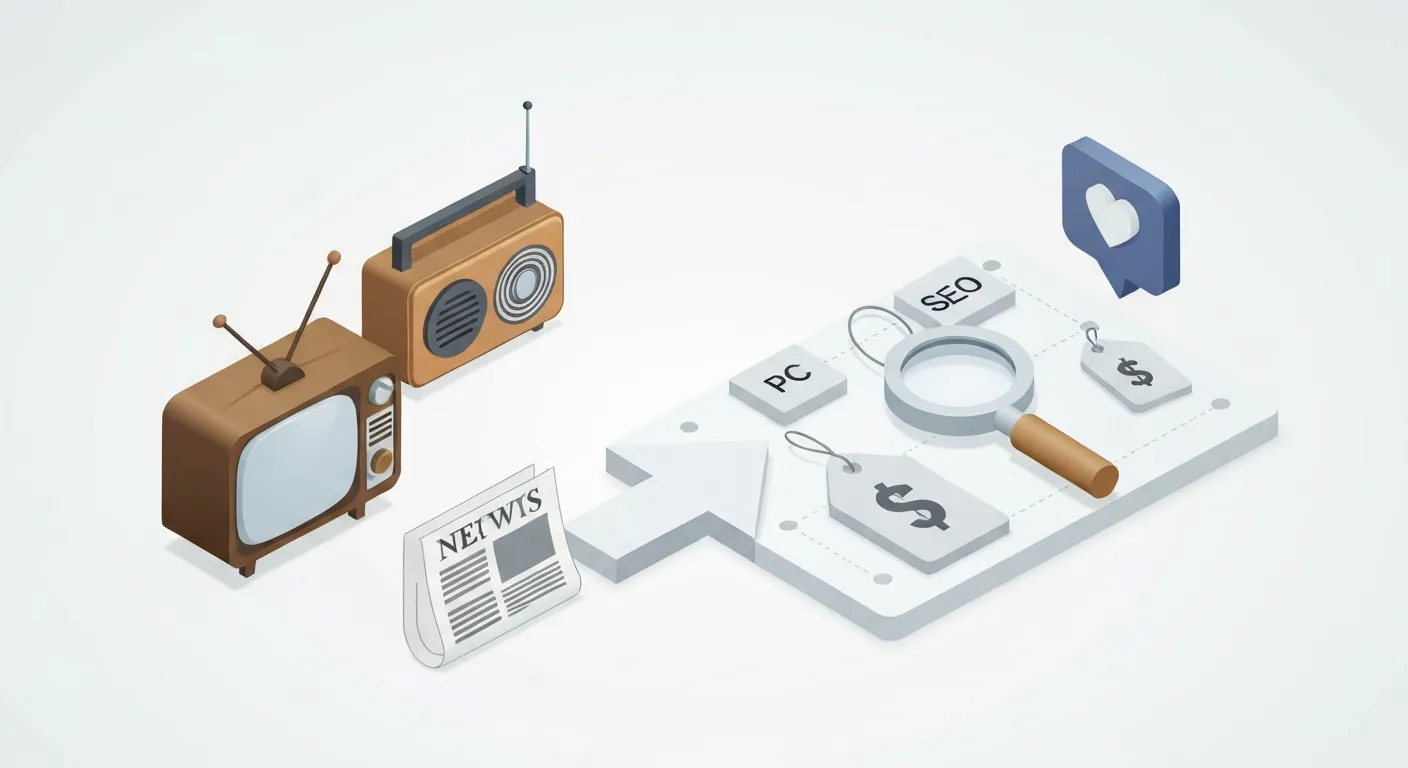 Infografika ilustrująca ewolucję Share of Voice. Po lewej stronie znajdują się ikony mediów tradycyjnych, jak telewizor i gazeta, a po prawej połączona sieć nowoczesnych ikon cyfrowych, takich jak SEO, PPC i media społecznościowe.