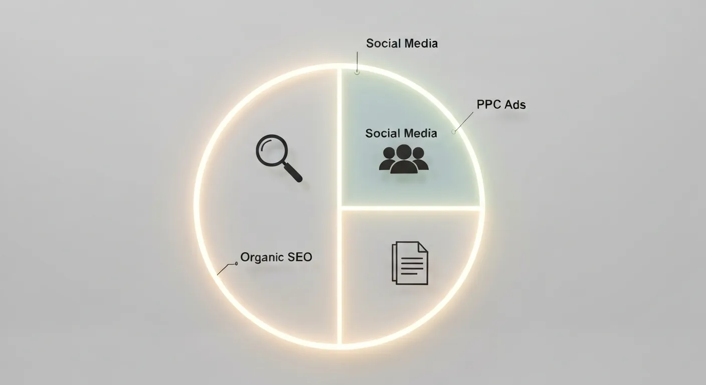 Wizualizacja danych pokazująca, jak mierzyć Share of Voice w różnych kanałach. Centralny wykres kołowy jest podzielony na segmenty dla SEO, PPC, Social Media i Content Marketing, każdy z odpowiednią ikoną.