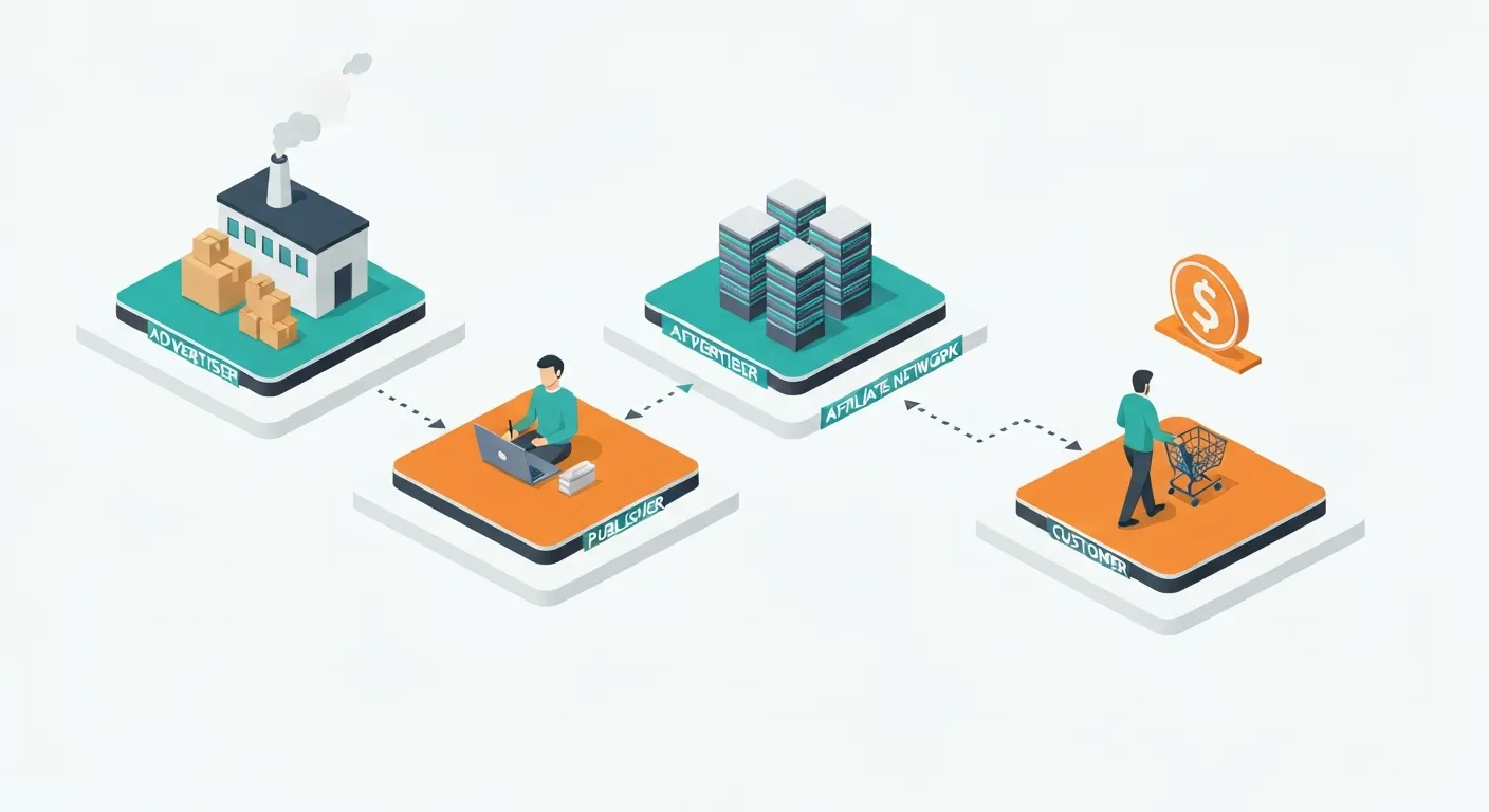 Izometryczny schemat działania marketingu afiliacyjnego. Pokazuje cztery kluczowe elementy: Reklamodawcę (fabryka), Wydawcę (osoba przy laptopie), Klienta (osoba z koszykiem na zakupy) i Sieć Afiliacyjną (centralny serwer). Strzałki ilustrują przepływ od promocji, przez kliknięcie i zakup, aż po wypłatę prowizji.