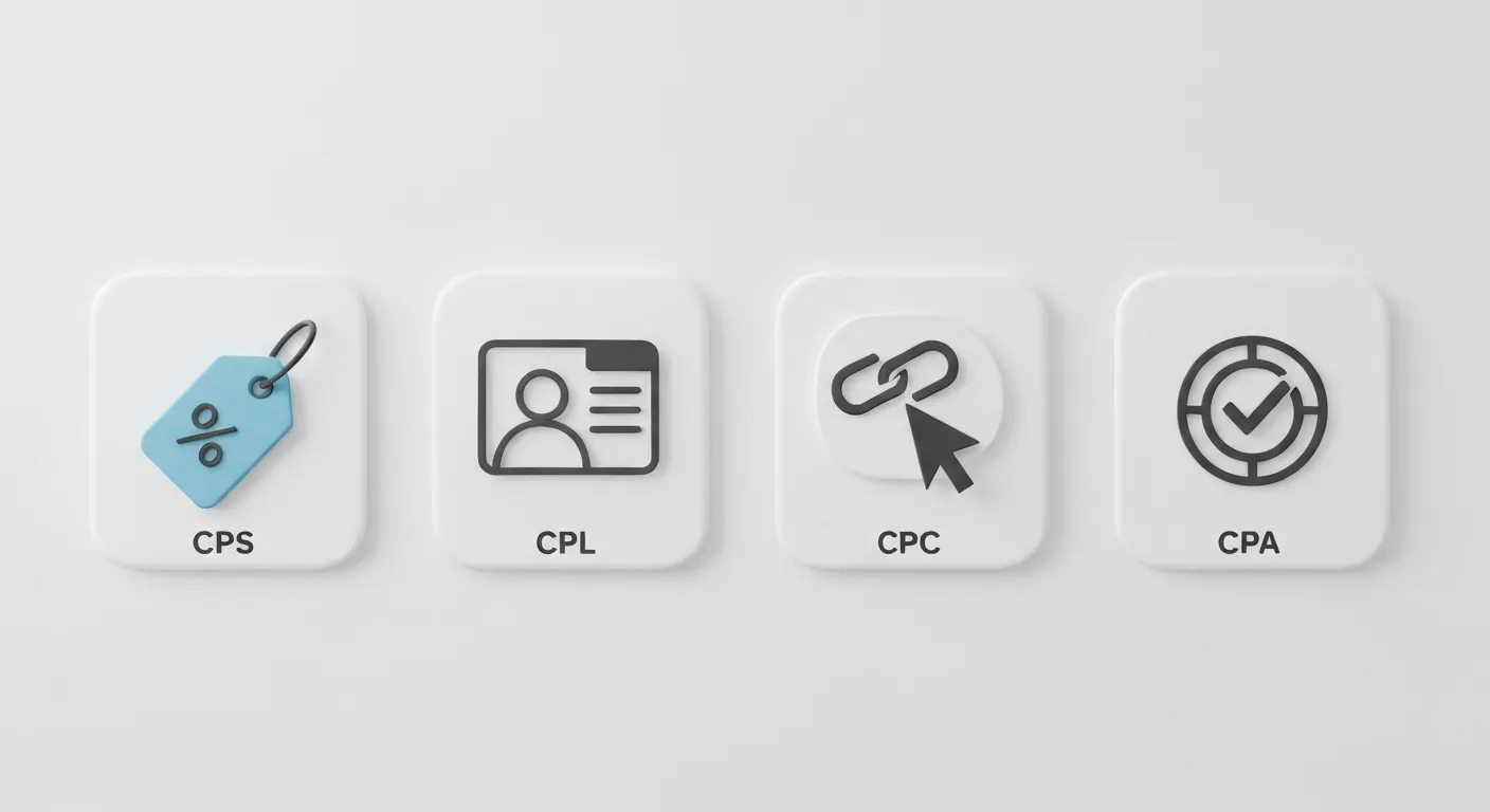 Grafika przedstawiająca różne modele rozliczeniowe w afiliacji. Widoczne są cztery ikony: CPS z metką cenową i procentem, CPL z ikoną formularza kontaktowego, CPC z kursorem myszy klikającym w link, oraz CPA z ikoną zaznaczonego checkboxa. Każda ikona jest w osobnym, czystym boksie.