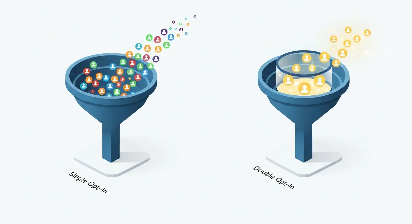 Izometryczna ilustracja porównująca dwa lejki marketingowe. Lejek 'Single Opt-In' jest szeroki i szybko zbiera dużą liczbę ikon użytkowników, podczas gdy lejek 'Double Opt-In' jest węższy i posiada filtr weryfikacyjny, zbierając mniej, ale bardziej wartościowych subskrybentów.