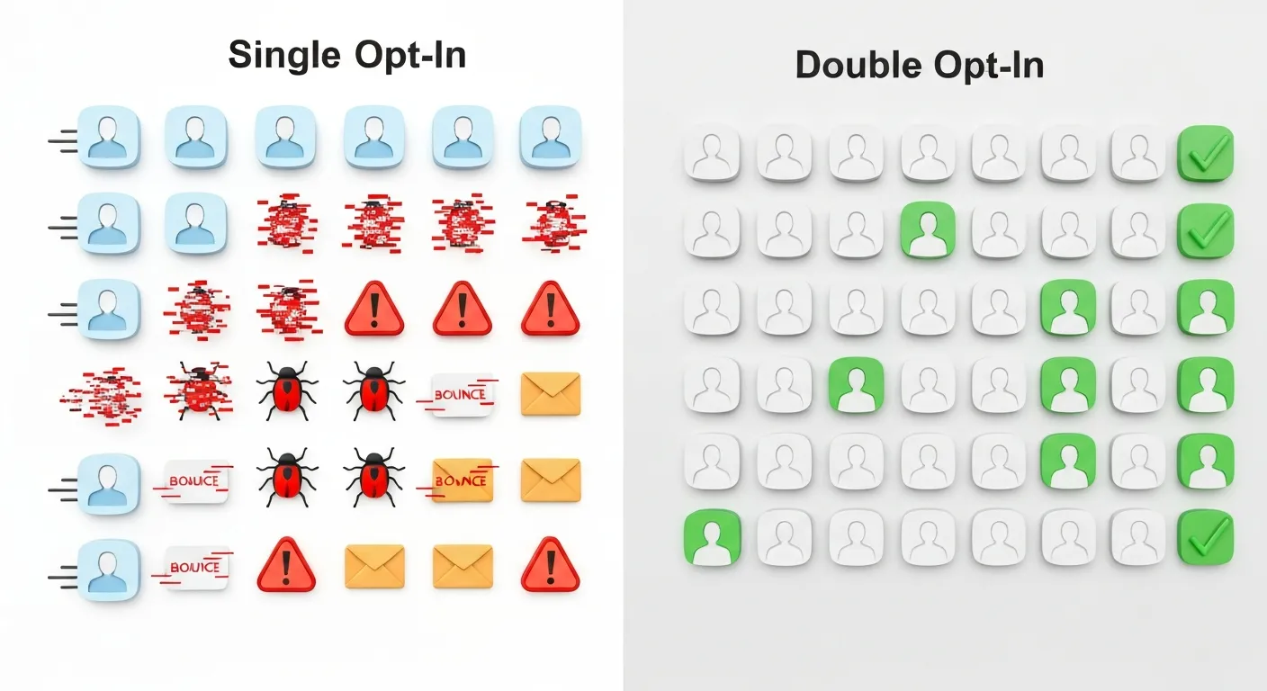 Abstrakcyjna wizualizacja bazy danych mailingowej. Sekcja 'Single Opt-In' zawiera mieszankę poprawnych ikon e-maili, uszkodzonych danych, pułapek spamowych i odbijających się kopert. Sekcja 'Double Opt-In' jest czysta i uporządkowana, z zielonymi znacznikami weryfikacji przy każdym wpisie.