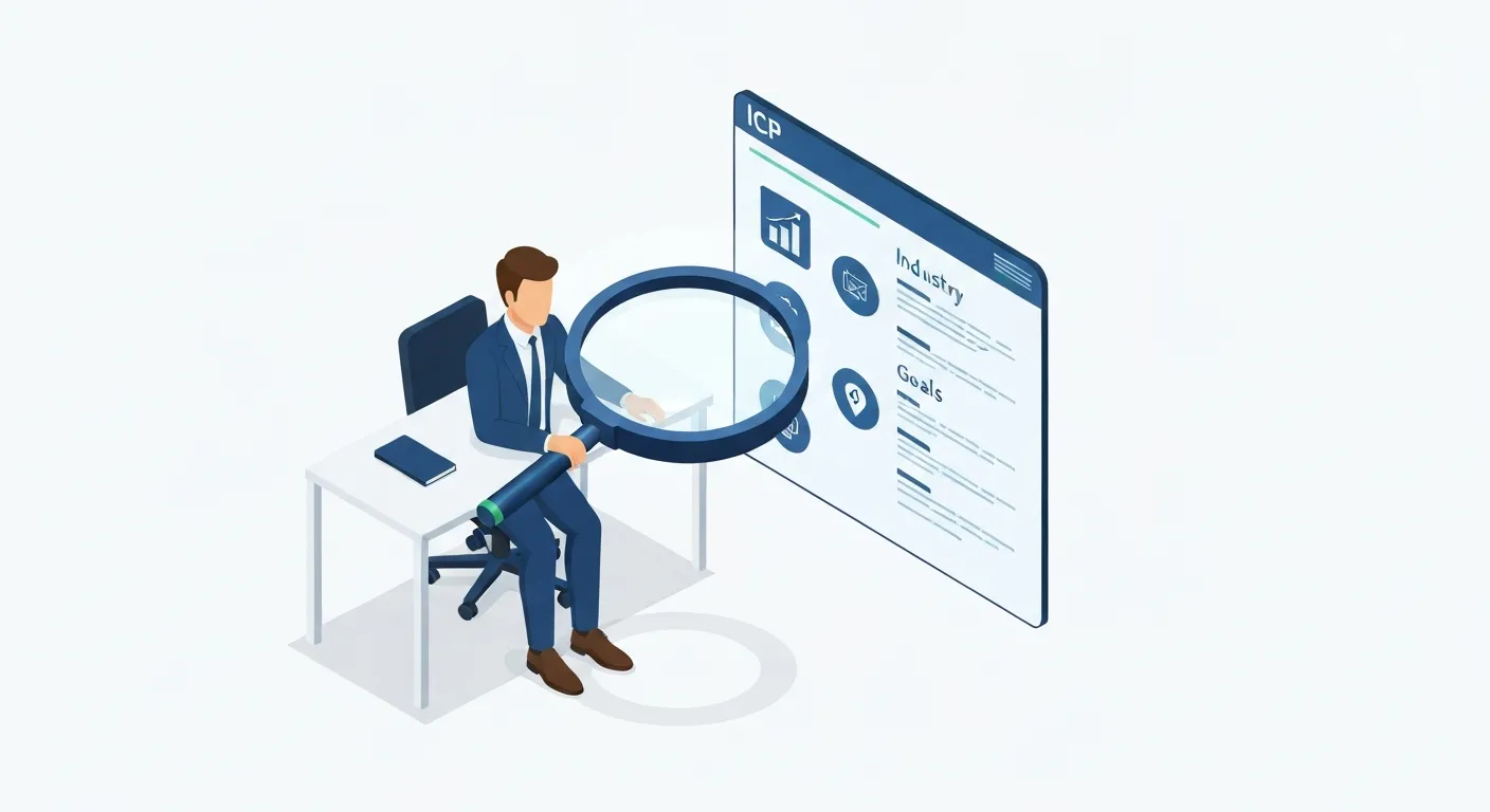 An isometric illustration of a marketing strategist at a desk, using a large magnifying glass to analyze a detailed digital profile of an ideal customer. This represents the crucial research phase in cold emailing.