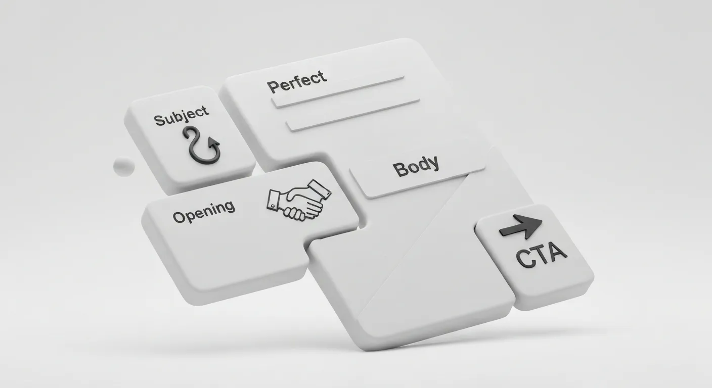 A deconstructed email shown as a series of connected, floating blocks, each with an icon representing its function: a hook for the subject, a handshake for the opening, a value proposition for the body, and an arrow for the call-to-action.