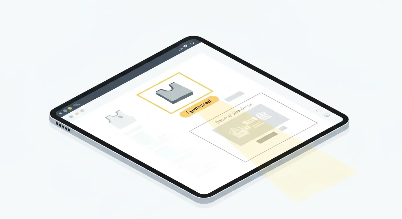 An illustration comparing a subtle, native sponsored product with an intrusive banner ad. The sponsored product is seamlessly integrated at the top of a shopping list, while the banner is ignored.