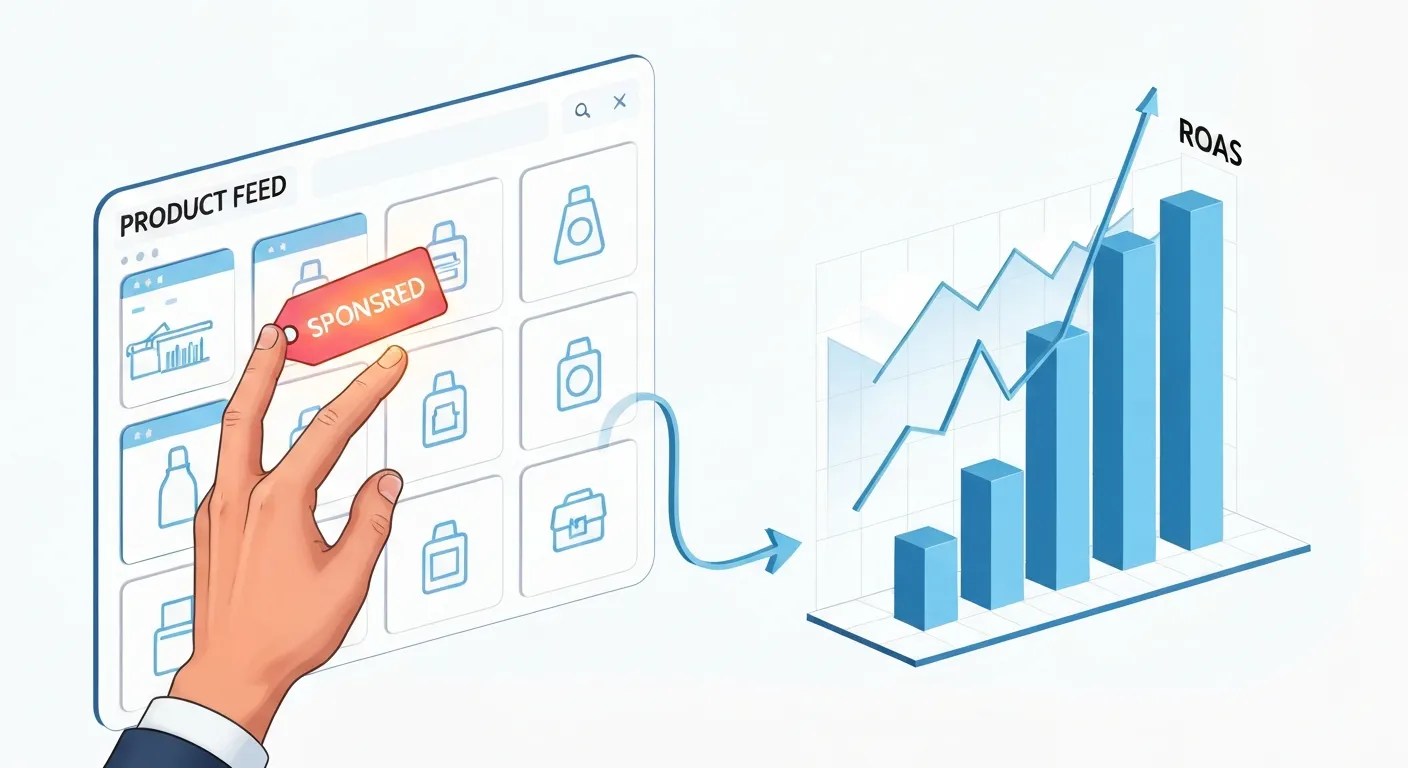 An illustration showing a marketer strategically selecting products in a digital feed to apply a sponsored attribute, leading to a visible increase in a sales graph.