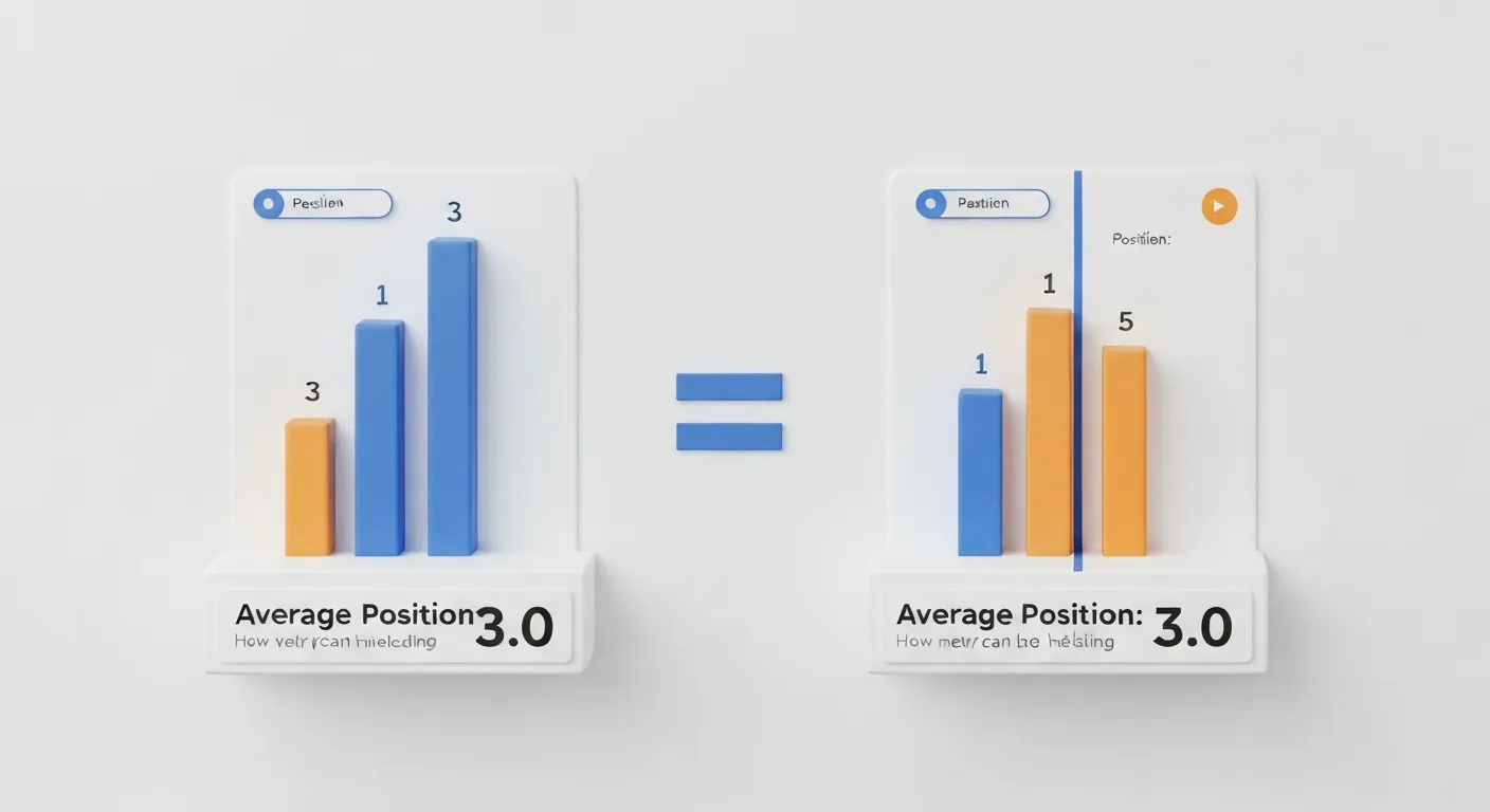 An infographic clearly illustrating the misleading nature of the Average Position metric. Two different sets of ad performance data are shown to result in the exact same average position of 3.0, highlighting the metric's core flaw.