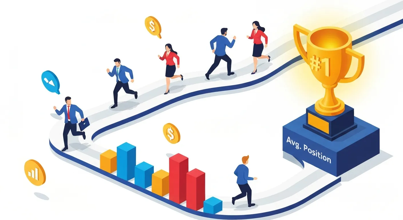 An isometric illustration showing marketers in a race, chasing a trophy labeled '#1', which symbolizes the irrational pursuit of the top average position in Google Ads, often at the expense of profitability.