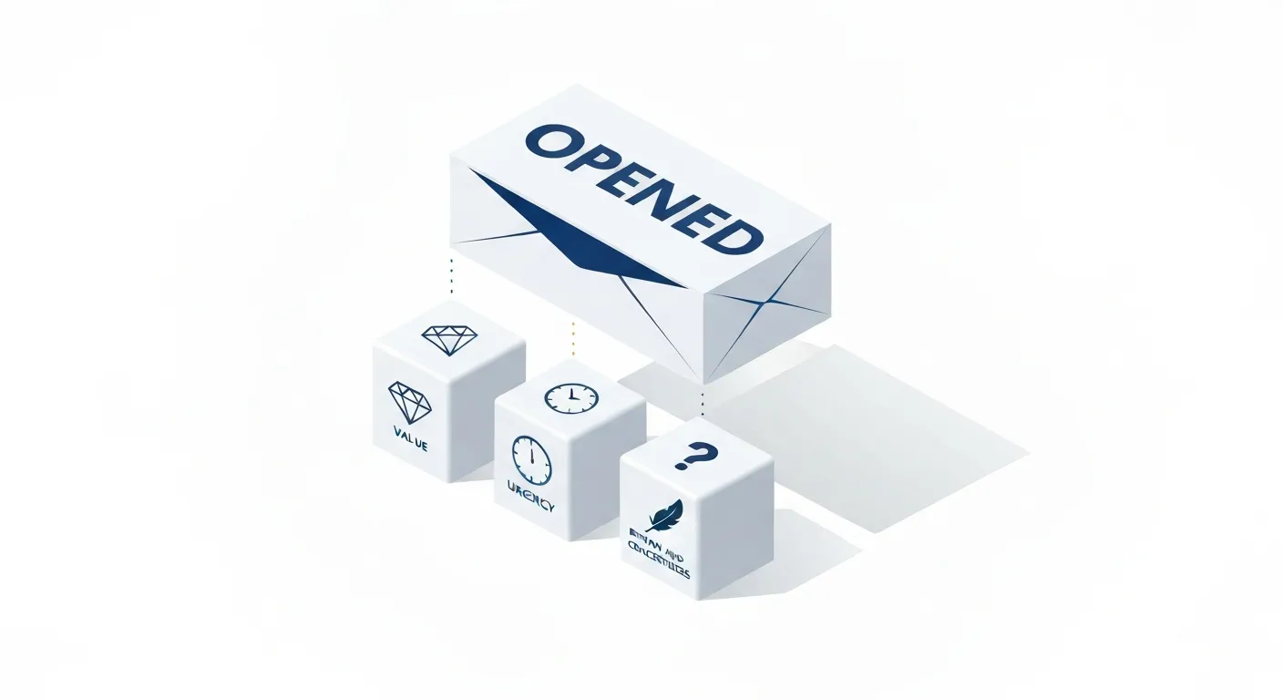 An isometric illustration showing four distinct pillars labeled with icons for Value (a diamond), Urgency (a clock), Brevity (a feather), and Curiosity (a question mark), all supporting a large, successfully opened email envelope.
