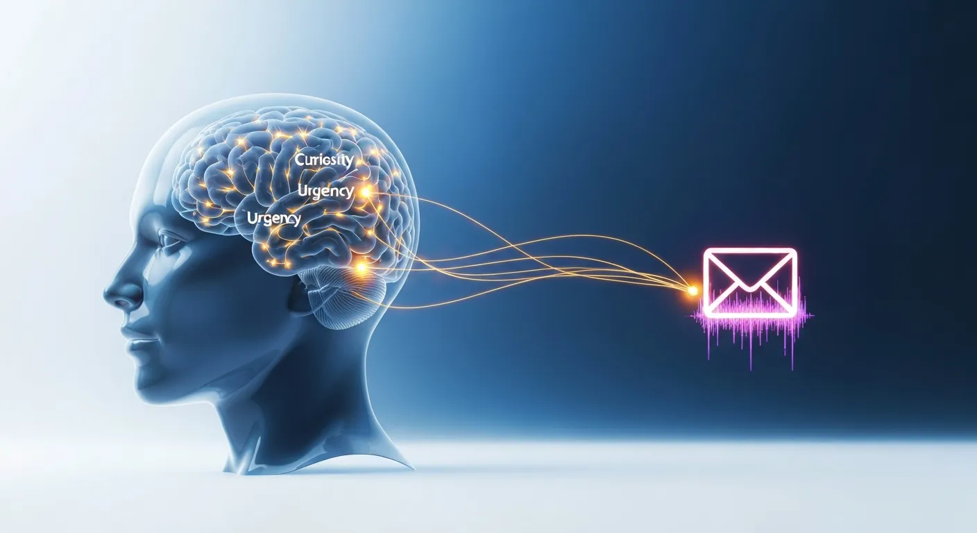 An abstract visualization of a person's brain with glowing neural pathways connecting to an email icon, symbolizing the psychological triggers like curiosity and loss aversion used in effective subject lines.
