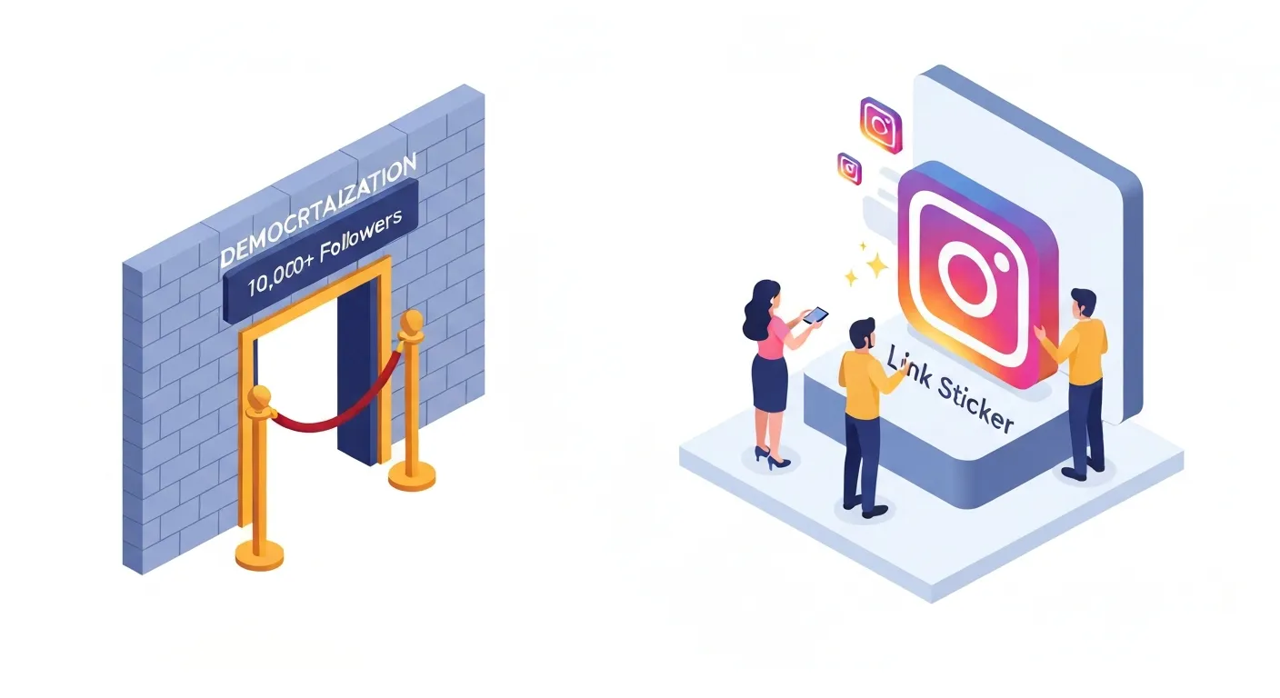 Ilustracja izometryczna ukazująca ewolucję funkcji linkowania na Instagramie. Po lewej stronie widać zamkniętą bramę z napisem '10k+', symbolizującą dawną, ekskluzywną funkcję swipe up. Po prawej, brama jest otwarta, a zróżnicowana grupa małych przedsiębiorców i twórców ma dostęp do dużej, świecącej naklejki z linkiem, co reprezentuje demokratyzację narzędzia.