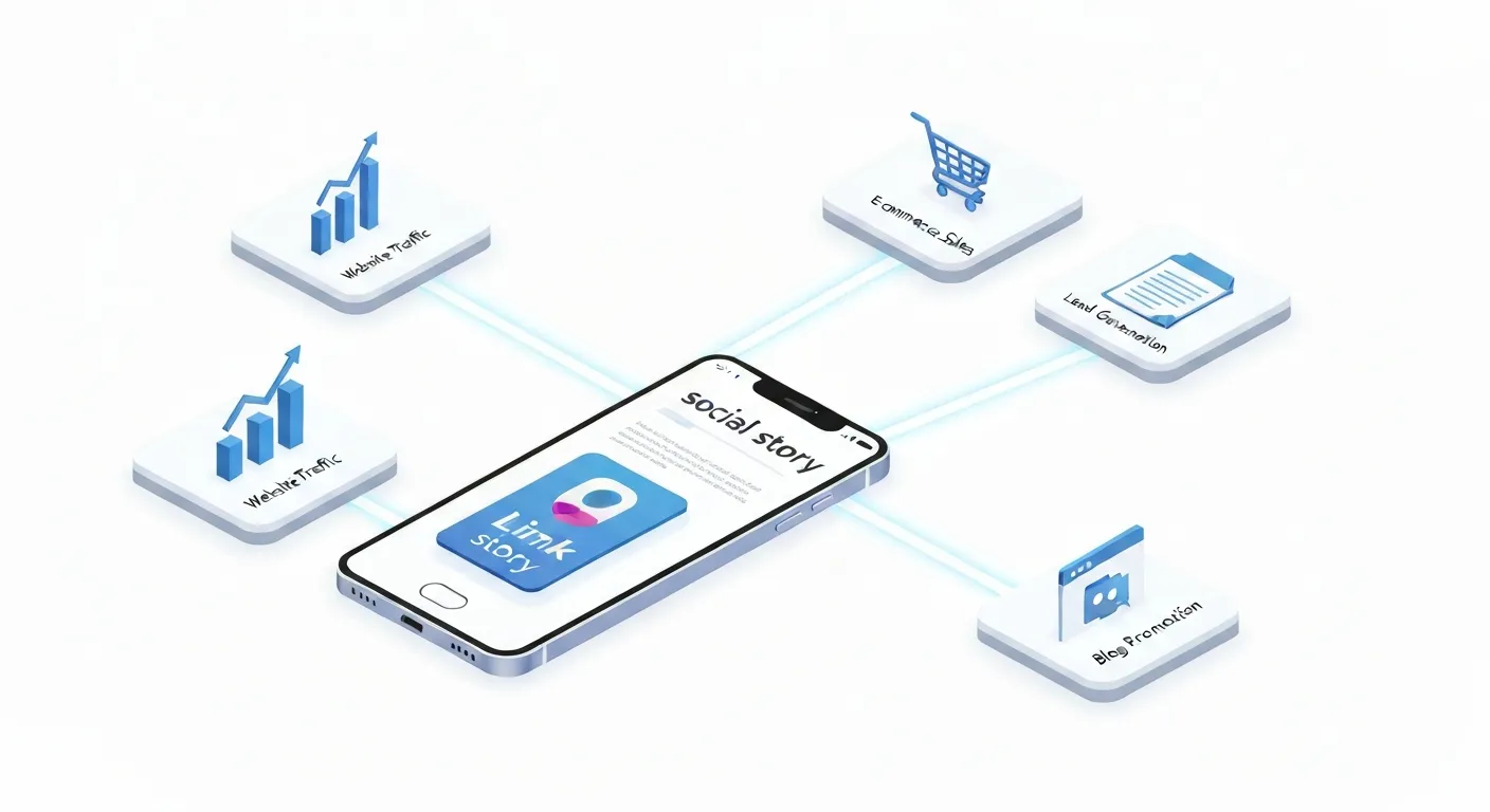 Wizualizacja danych pokazująca strategiczne zastosowania naklejki z linkiem. W centrum znajduje się smartfon z relacją i naklejką, od której rozchodzą się ścieżki prowadzące do ikon symbolizujących kluczowe wyniki biznesowe: wykres wzrostu (ruch na stronie), koszyk (sprzedaż), ikona maila (baza mailingowa) i dokument (content marketing).