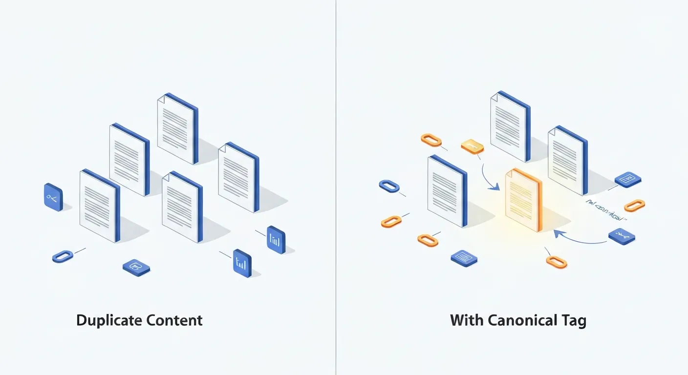 Diagram ilustrujący problem rozcieńczania mocy linków przez duplikację treści. Po lewej stronie, linki zewnętrzne są rozproszone pomiędzy trzy identyczne strony. Po prawej, tag kanoniczny skupia całą moc tych linków na jednej, głównej stronie, wzmacniając jej autorytet.