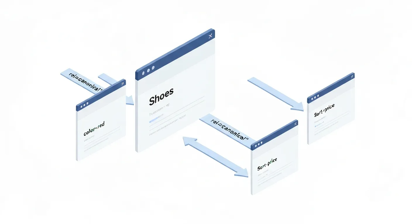 Przykład zastosowania tagu kanonicznego w e-commerce. Główna strona kategorii produktów, a obok niej wersje z filtrami (kolor, cena), z których każda ma symboliczną strzałkę 'rel="canonical"' wskazującą z powrotem na stronę główną.