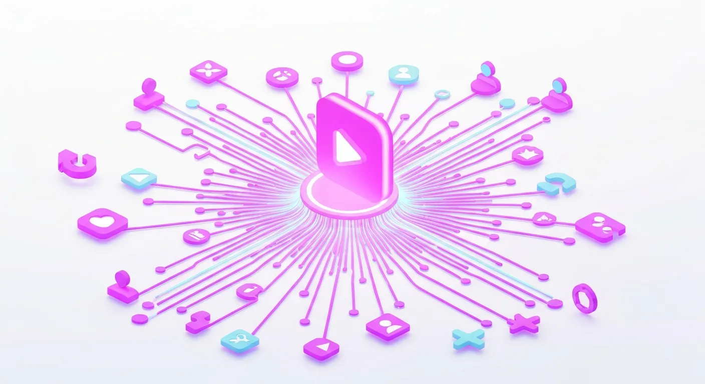 An abstract visualization of the TikTok algorithm, showing a central video icon radiating glowing connections to a massive, diverse network of user profiles, illustrating the concept of the 'For You Page' and its powerful organic reach.