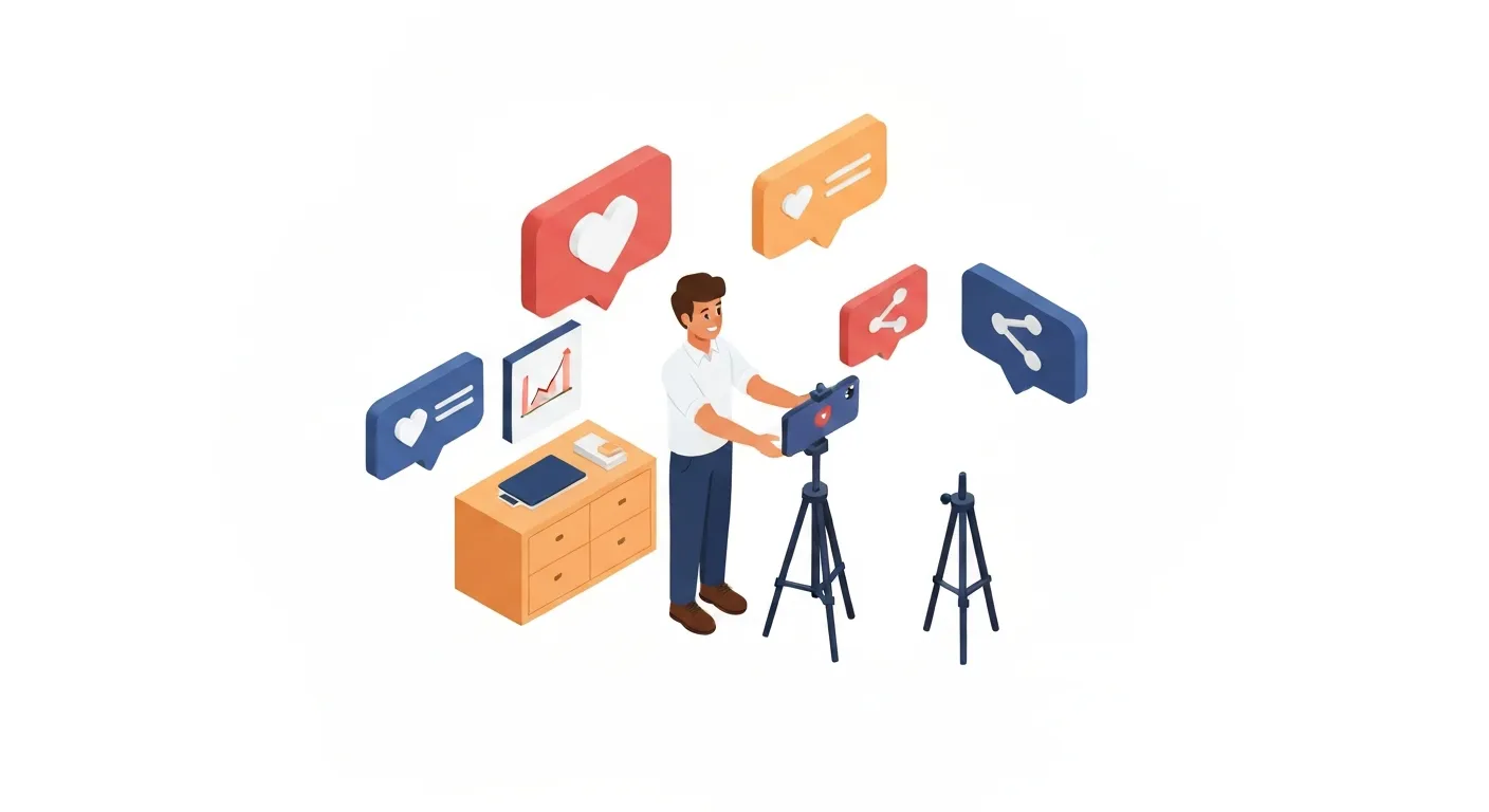 An isometric illustration showing a small business owner creating an authentic, engaging TikTok video on their phone, surrounded by floating 3D icons of hearts, comments, and shares, representing community building and trust.