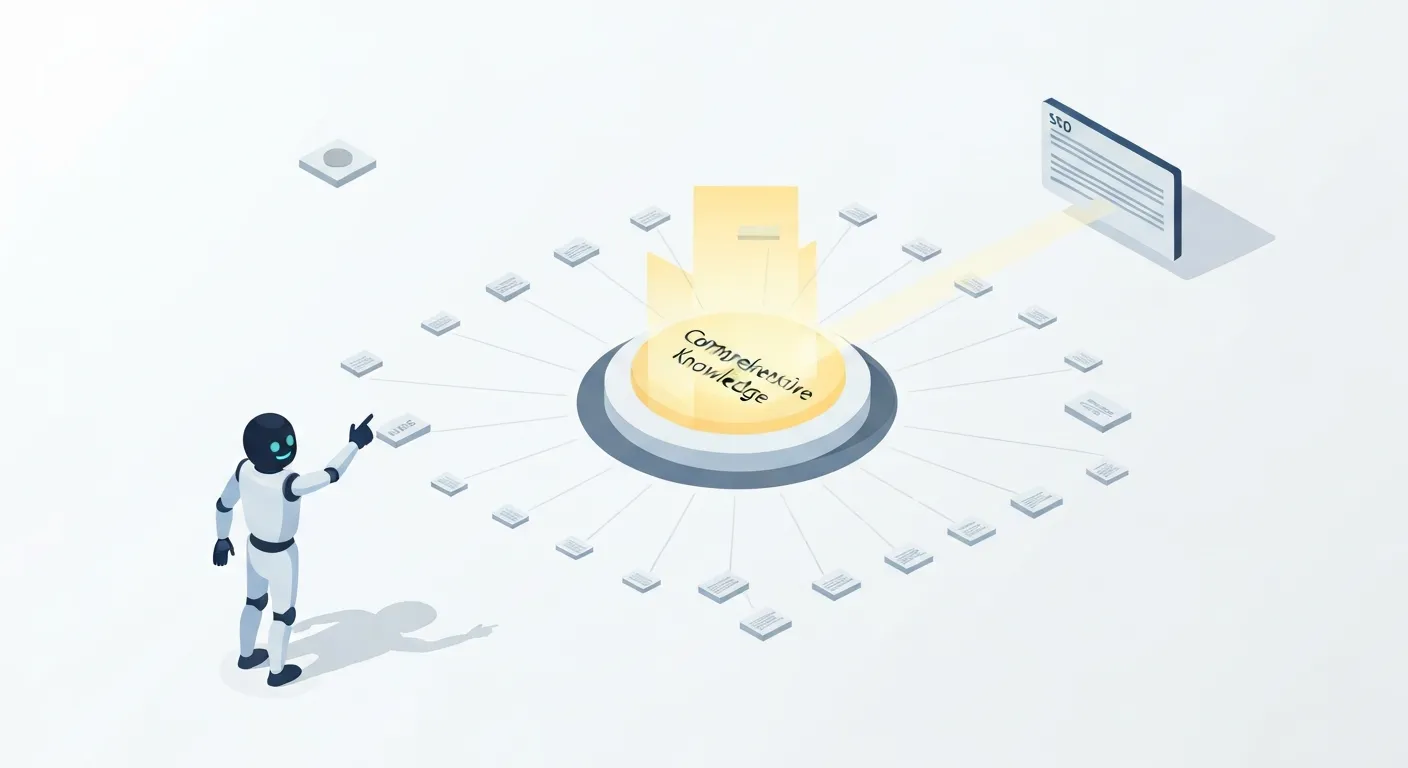 An isometric illustration explaining how Google prefers comprehensive content. A friendly robot, symbolizing Google, guides a user towards a large, interconnected library of content, while ignoring a single, isolated book.