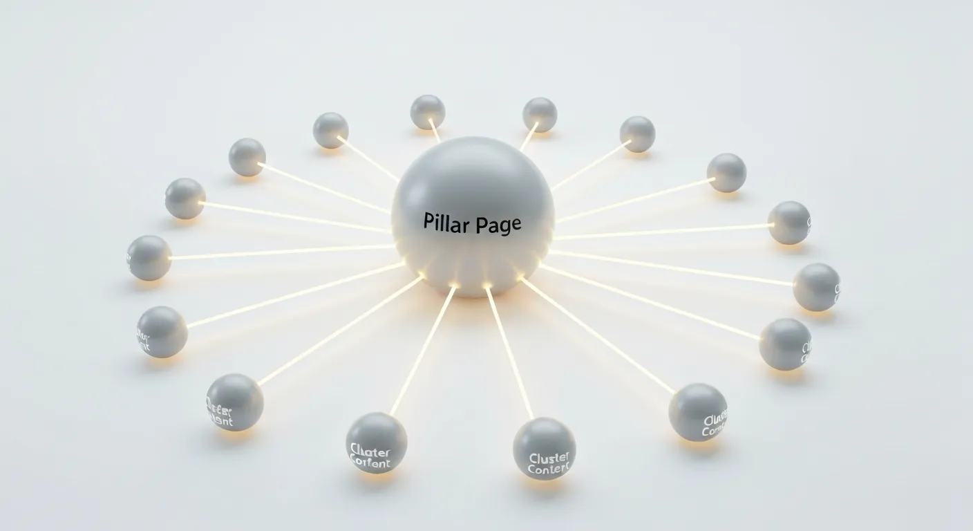 A clear diagram illustrating the Topic Cluster model for SEO. A central 'Pillar Page' node is connected via a network of links to multiple smaller 'Cluster Content' nodes, forming a web of related information.