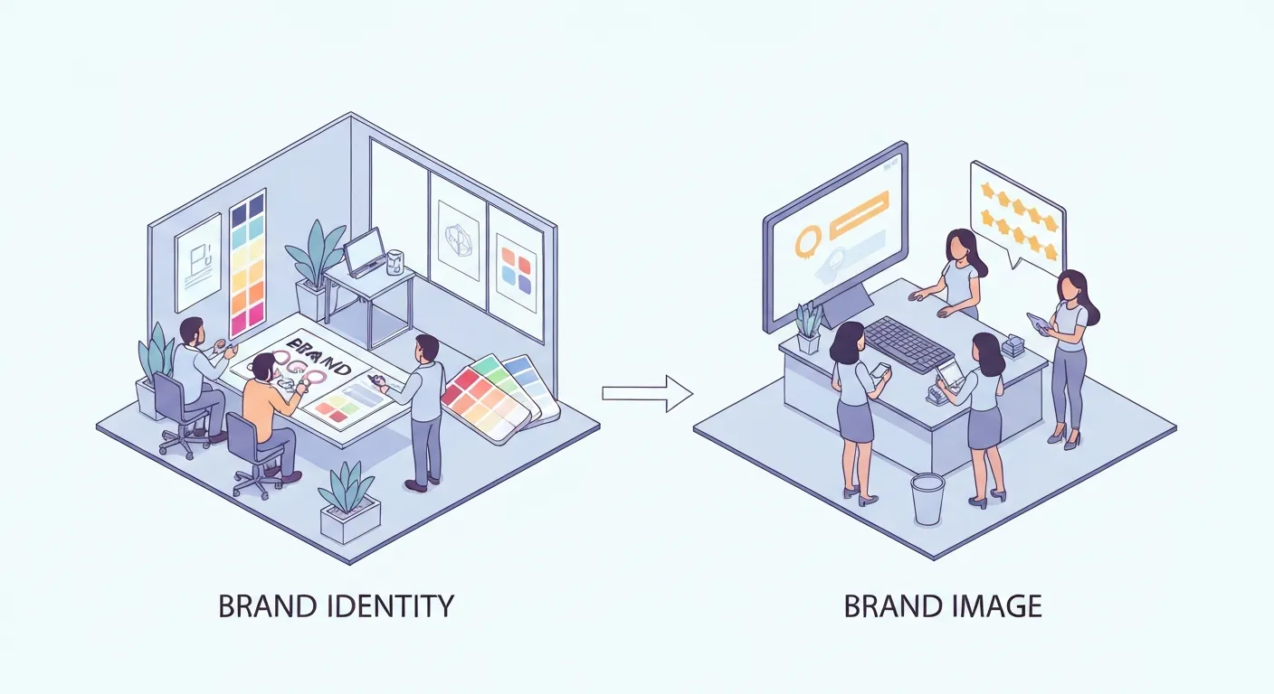 An isometric illustration clarifying the difference between Brand Identity and Brand Image. On the left side, a team of strategists is at a drawing board, carefully crafting brand elements: a logo, colors, and a mission statement. On the right side, a diverse group of customers is interacting with the final product, with positive icons like hearts and stars in speech bubbles above their heads, representing their positive perception (Brand Image).
