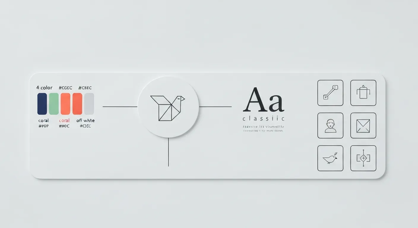 A visually organized infographic showcasing the key visual elements of a brand. In the center is a modern, fictional logo. Radiating from it are its core components: a defined color palette with hex codes, the primary and secondary typeface examples (one serif, one sans-serif), and a set of custom icons, all arranged neatly to represent a complete visual system.
