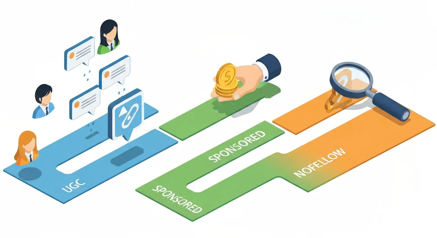 Infografika porównująca trzy atrybuty linków w SEO: 'rel=ugc' dla treści od użytkowników, 'rel=sponsored' dla linków płatnych i 'rel=nofollow' dla linków ogólnych, niepolecanych. Każdy atrybut jest przedstawiony z odpowiednią ikoną.