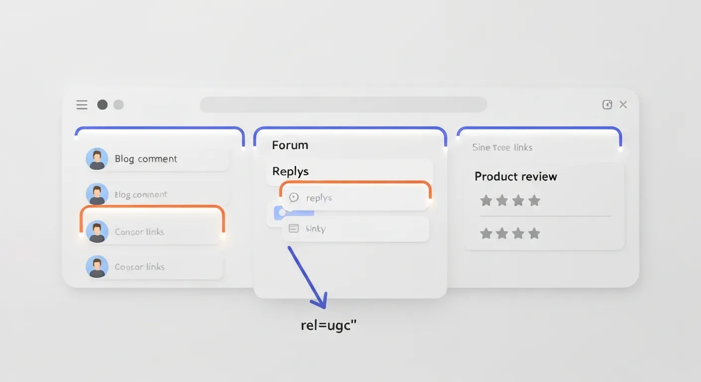 Ilustracja pokazująca praktyczne zastosowanie atrybutu 'rel=ugc' na stronie internetowej, z wyróżnionymi sekcjami takimi jak komentarze na blogu, posty na forum i recenzje produktów, gdzie ten atrybut powinien być stosowany.