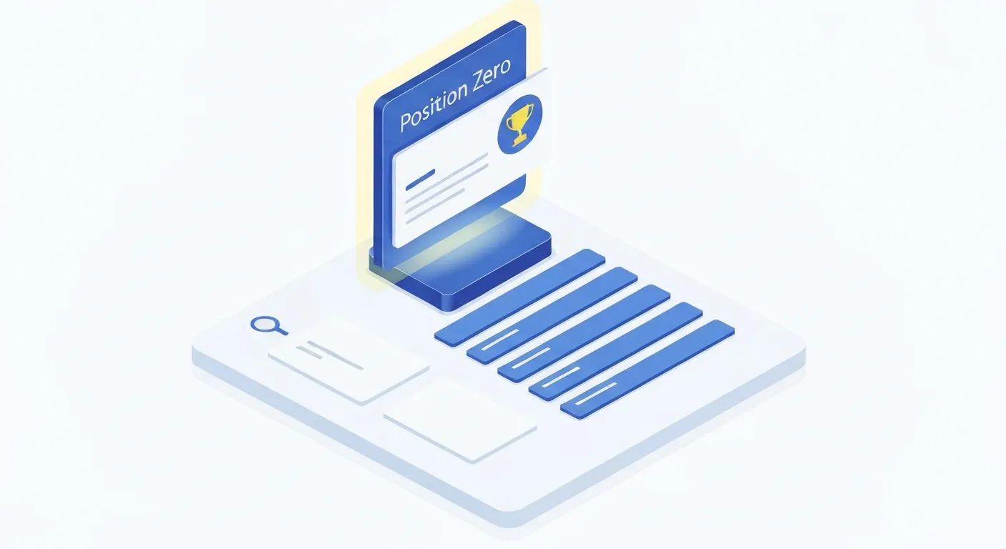 Wizualizacja koncepcji 'featured snippet' w wynikach wyszukiwania. Wyróżniona ramka z odpowiedzią, oznaczona jako 'Pozycja Zero', unosi się nad pozostałymi wynikami, co ilustruje jej kluczowe znaczenie dla voice search SEO.