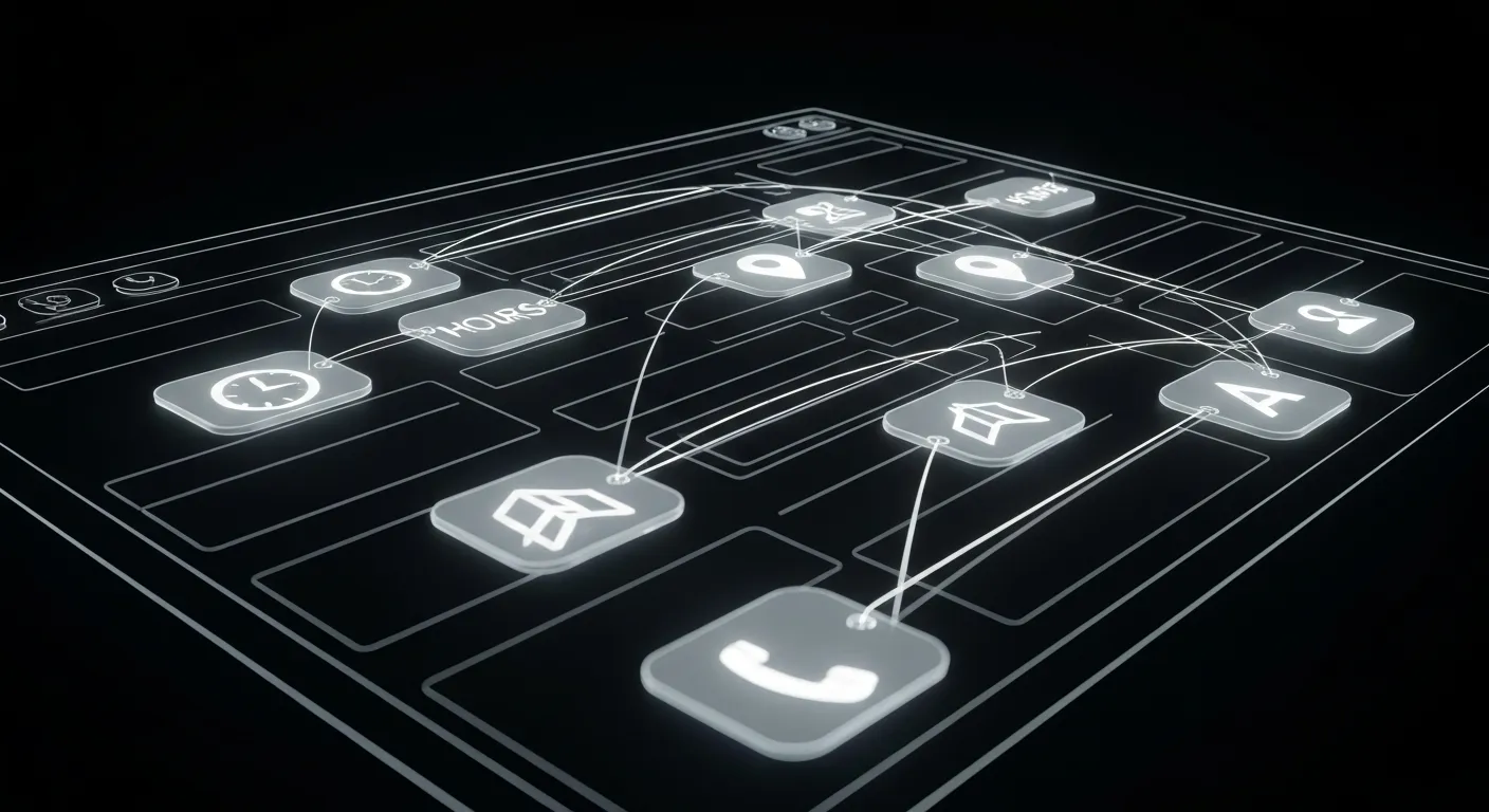 Grafika przedstawiająca dane strukturalne (schema markup). Abstrakcyjne bloki danych z ikonami (np. zegar dla godzin otwarcia, pinezka dla adresu) są precyzyjnie porządkowane i etykietowane, co symbolizuje optymalizację strony dla wyszukiwarek.