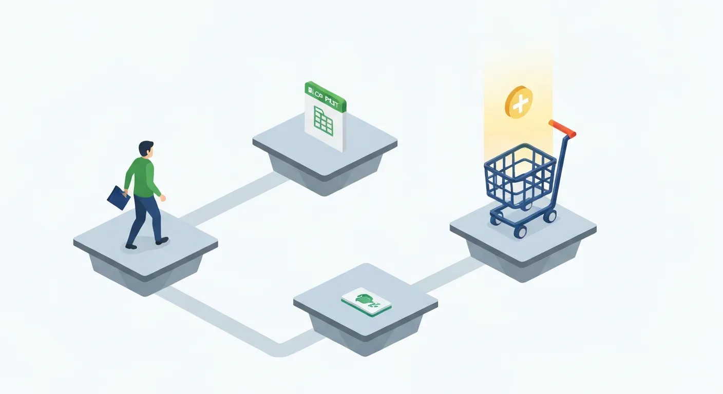 An isometric illustration of a customer's journey, depicted as a path. Icons for a blog post and a product page lead to a final conversion point, represented by a shopping cart, visually explaining how preceding pages contribute to the final sale value.