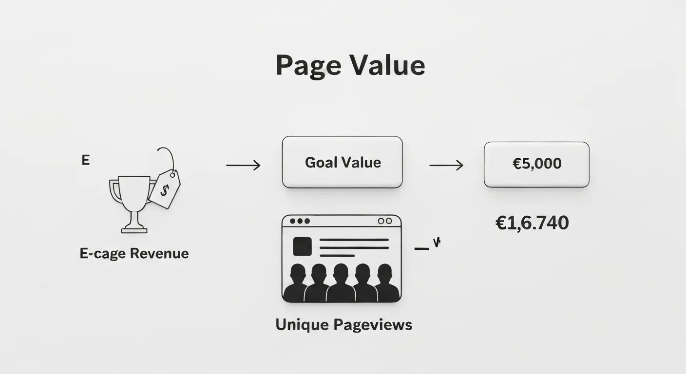 A clear visual diagram explaining the Page Value formula. Icons representing 'E-commerce Revenue' and 'Goal Value' are added together, then divided by an icon for 'Unique Pageviews', resulting in the final Page Value metric.